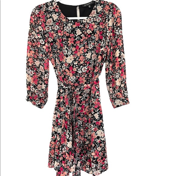 Dynamite, Women Long Sleeve Mini Flowy Dress, Belted, XS, Floral, fitted waist - Picture 1 of 14